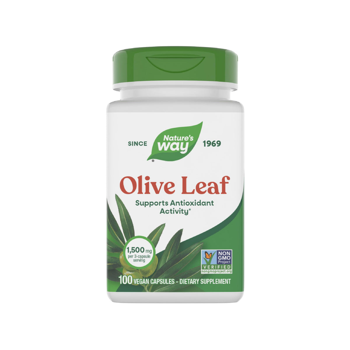 Nature's Way Olive Leaf bottle label highlights vegan, gluten-free supplement for daily antioxidant support.
