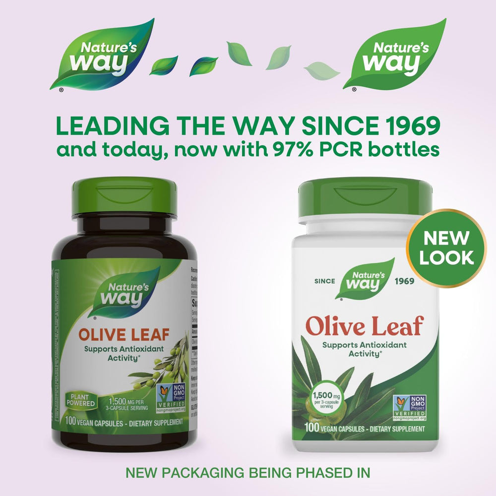 Closeup of Nature's Way Olive Leaf capsules, easy-to-swallow vegan formula for everyday wellness.