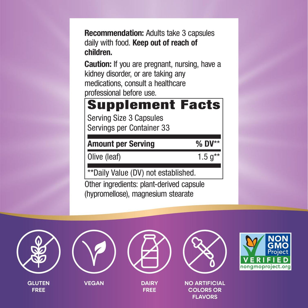 Non-GMO badge on Nature's Way Olive Leaf bottle highlighting verified quality.
