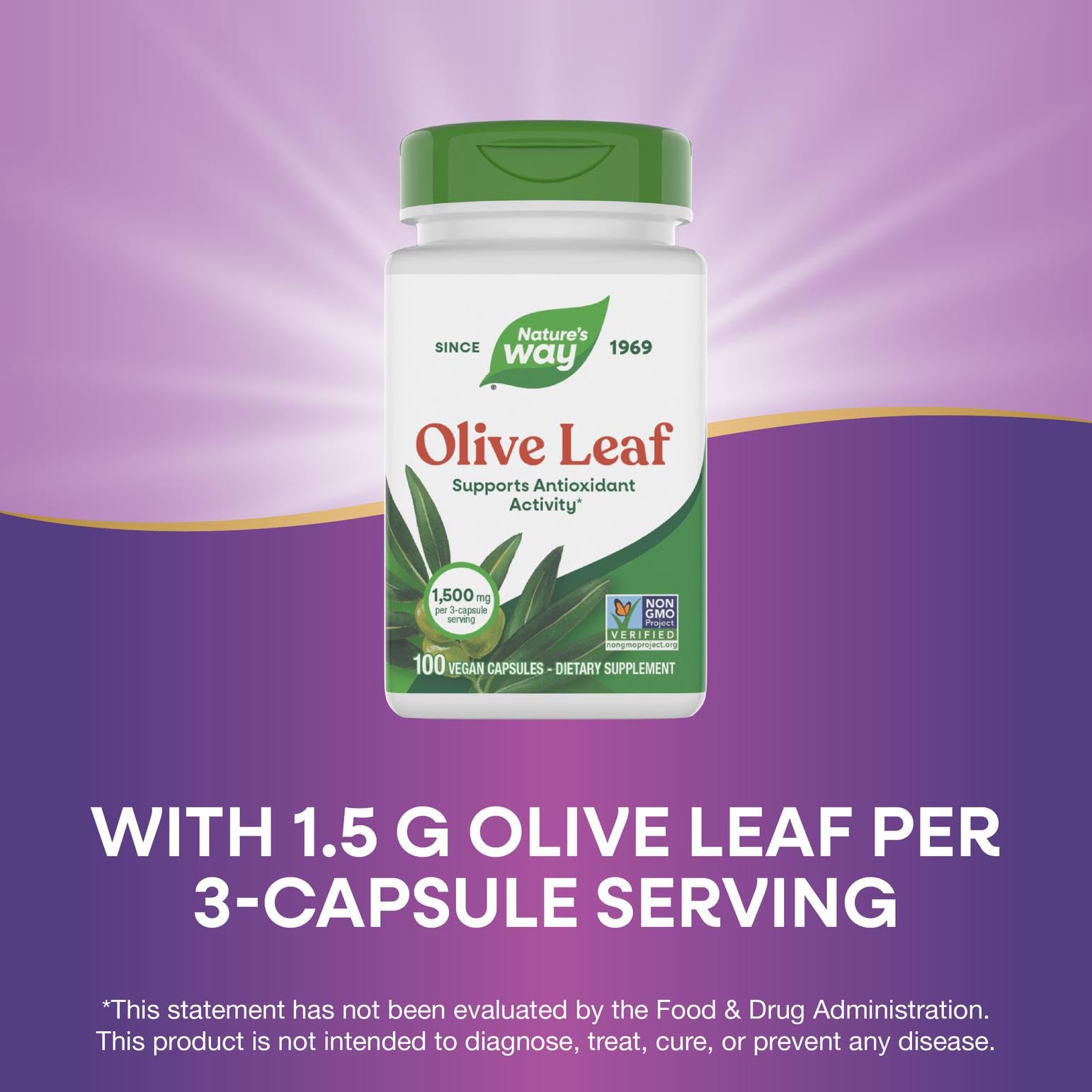 Nature's Way Olive Leaf vegan capsules emphasize a plant-based, non-GMO supplement.