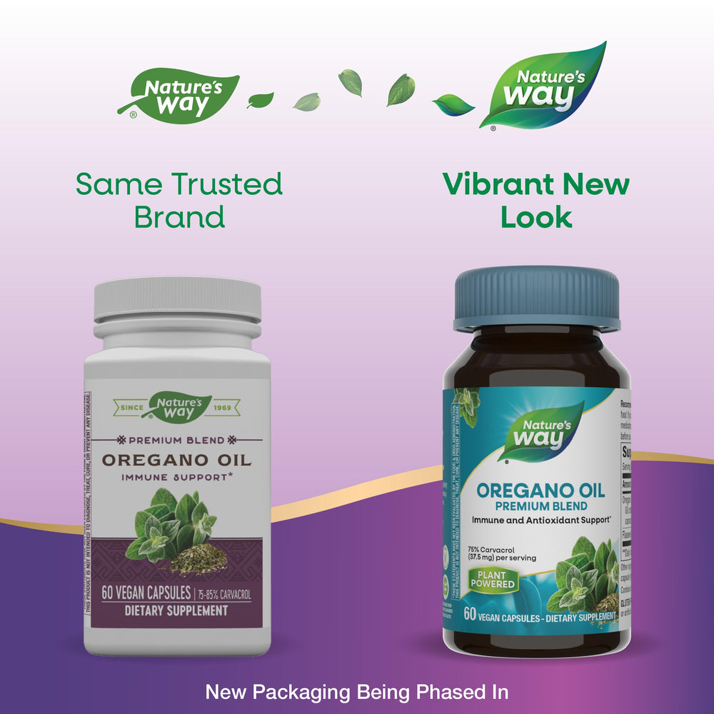 Nature's Way oregano oil capsules with flaxseed oil per serving.