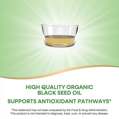 Label close-up on Nature's Way Organic Black Seed Oil highlighting organic, cold-pressed quality.