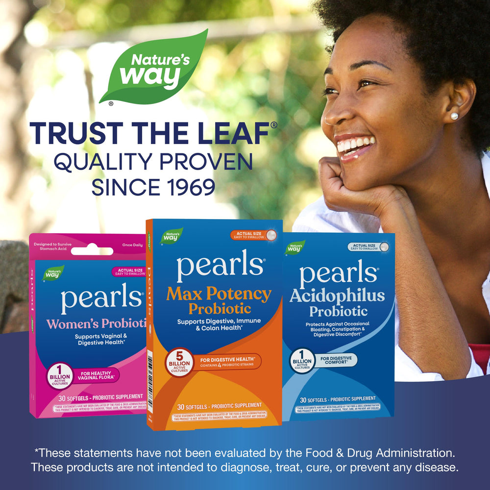 Nature's Way Pearls Max Potency packaging displays no refrigeration requirement