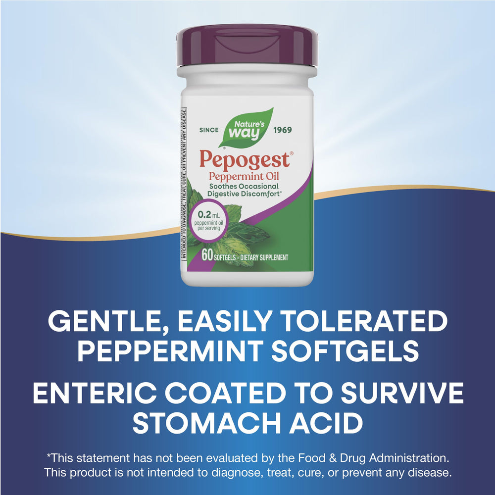 Nature's Way Pepogest enteric coating icon communicates stomach-safe design.