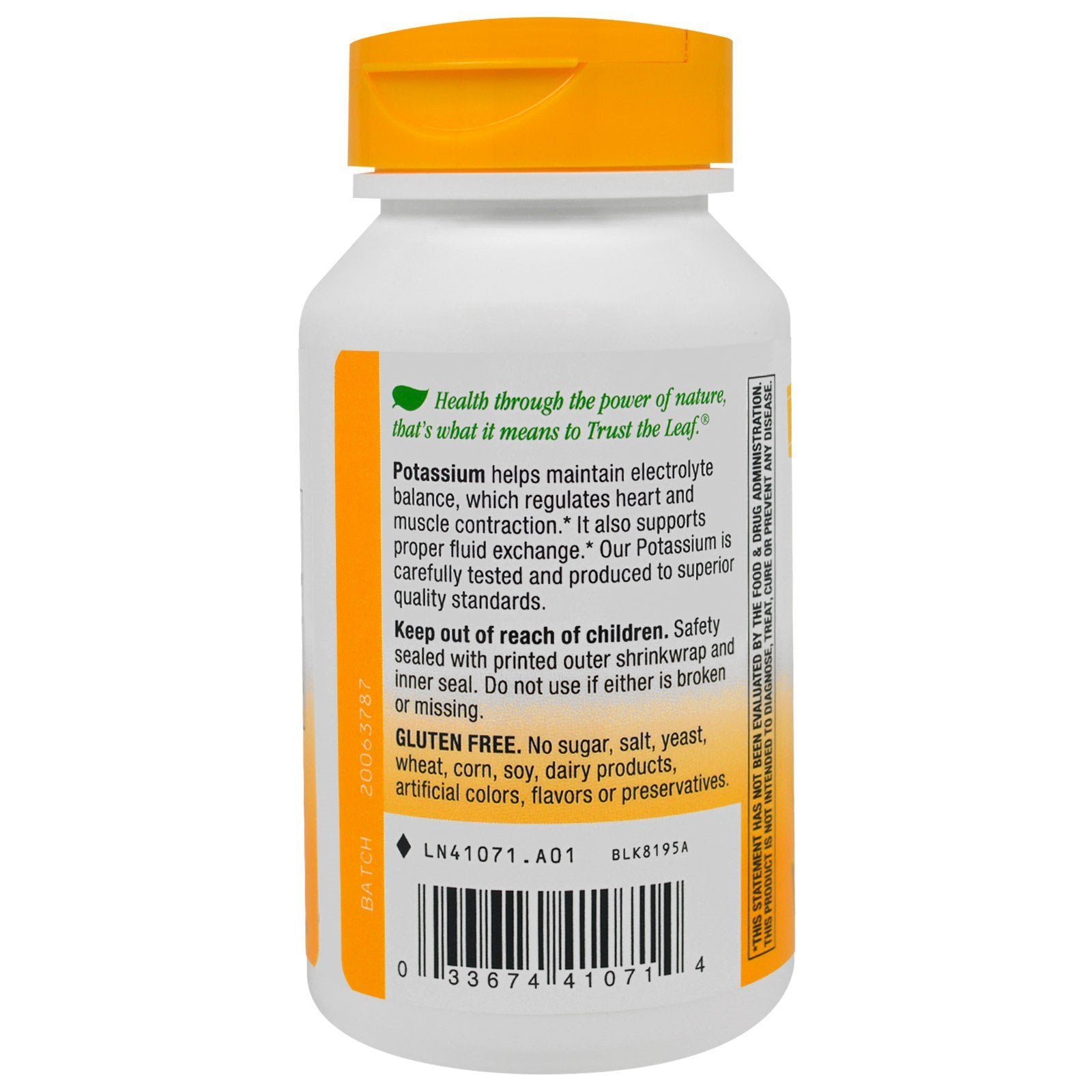 Nature's Way Potassium Chelate Complex label highlights gluten-free, preservative-free formula.