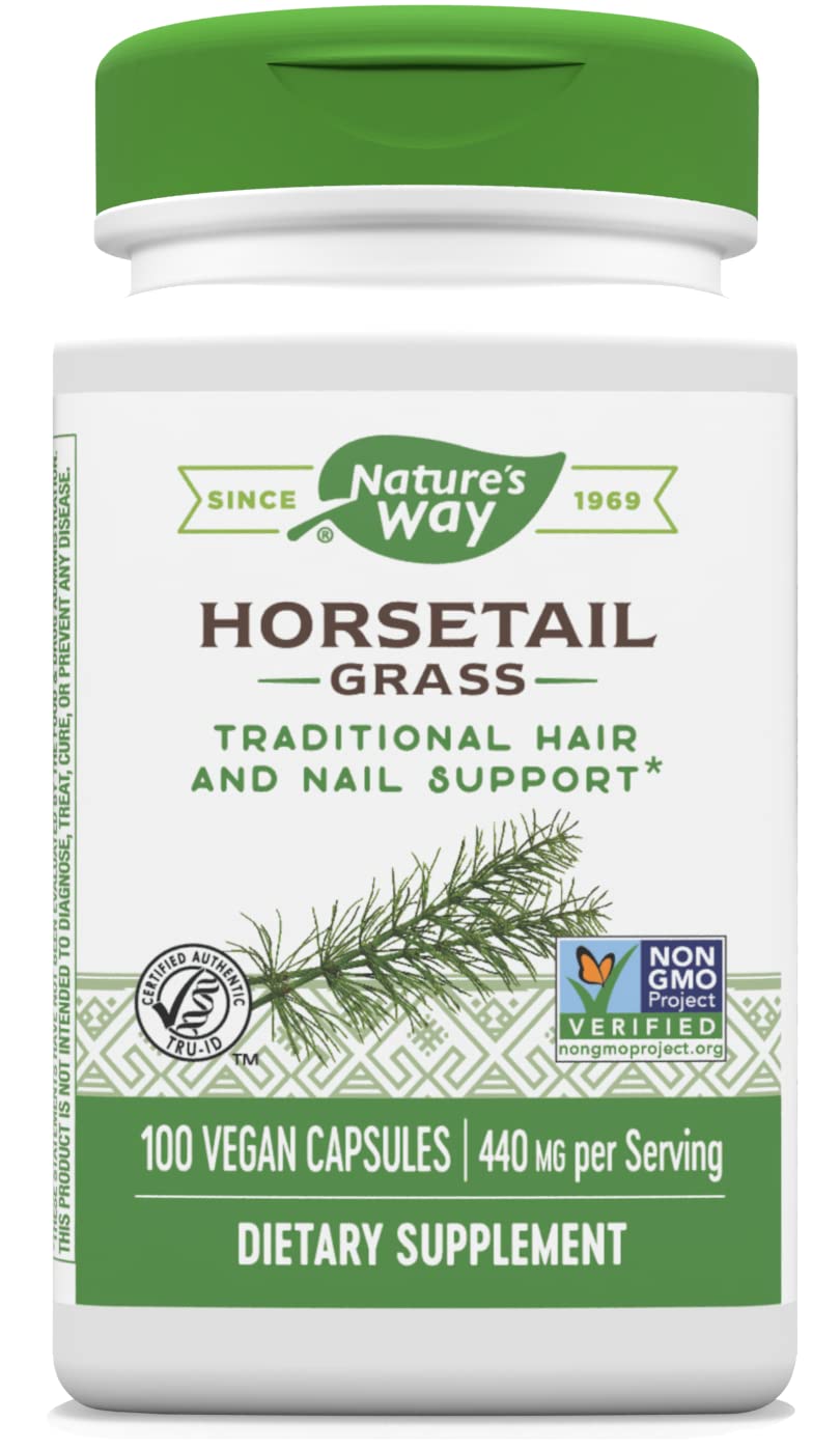 Nature's Way Premium Horsetail bottle image highlighting silica for hair and nails support