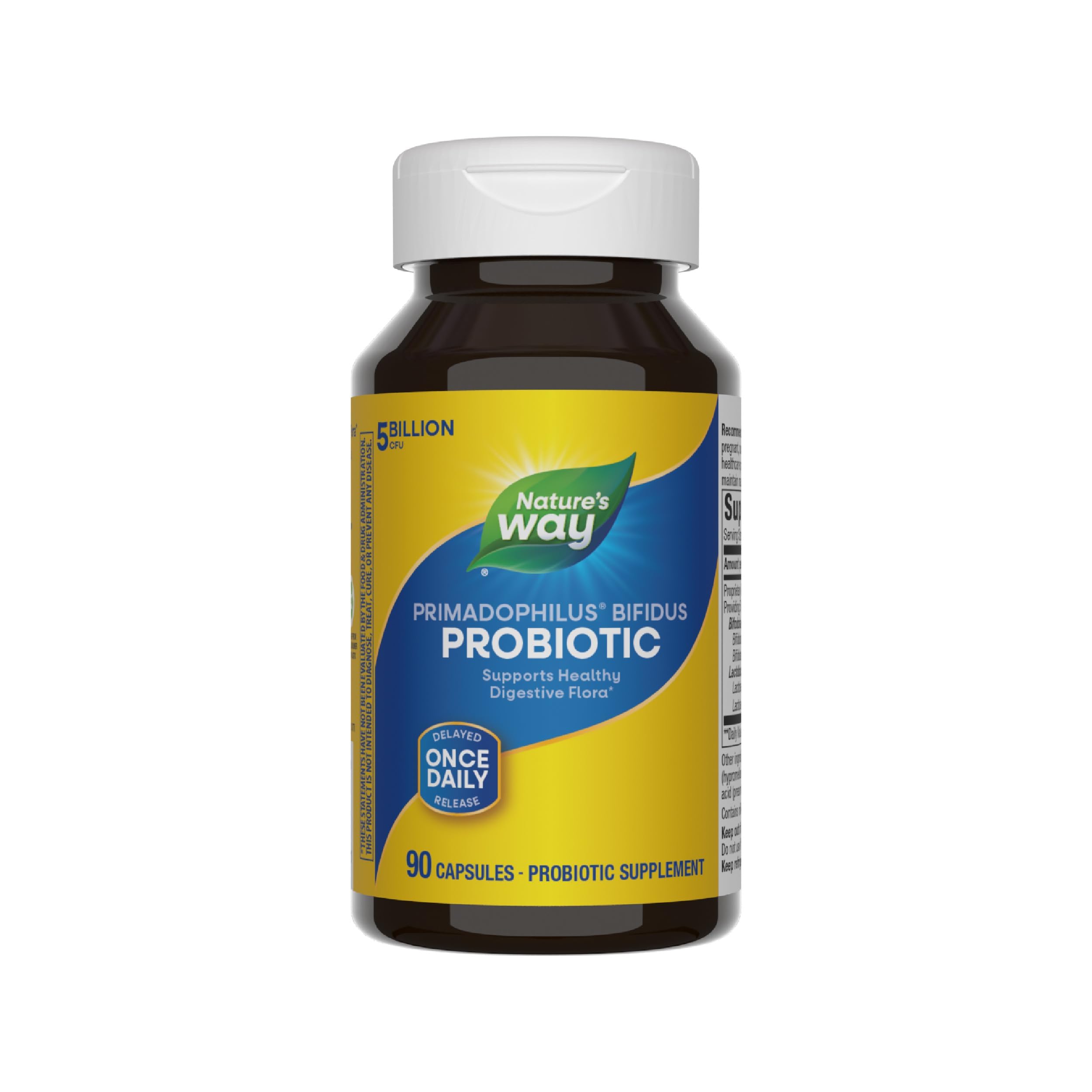 Nature's Way Primadophilus Bifidus bottle on a kitchen counter supports everyday digestive wellness