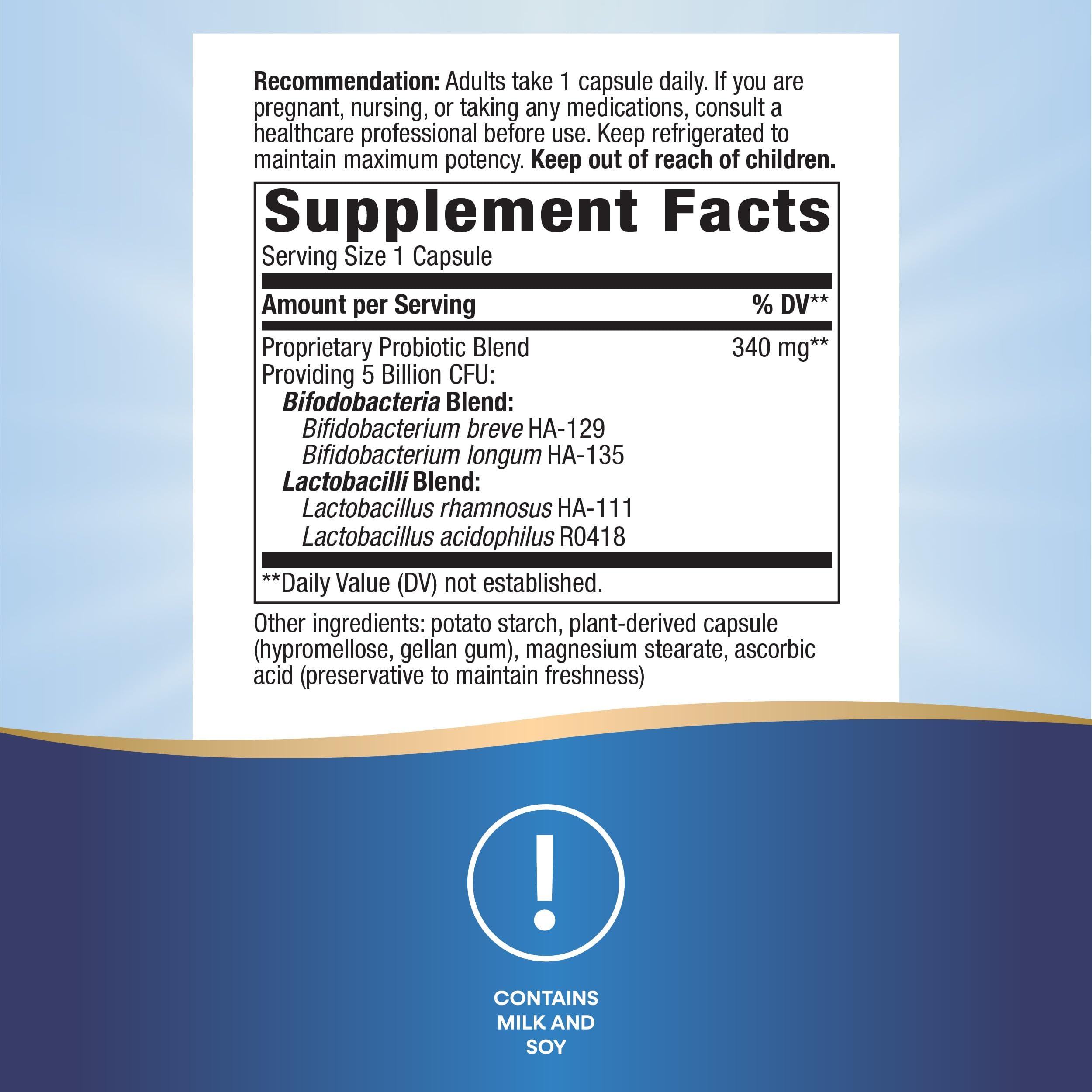 Primadophilus Bifidus capsule close-up showing 5 billion CFU per capsule for daily probiotic support