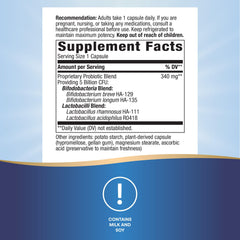 Primadophilus Bifidus capsule close-up showing 5 billion CFU per capsule for daily probiotic support