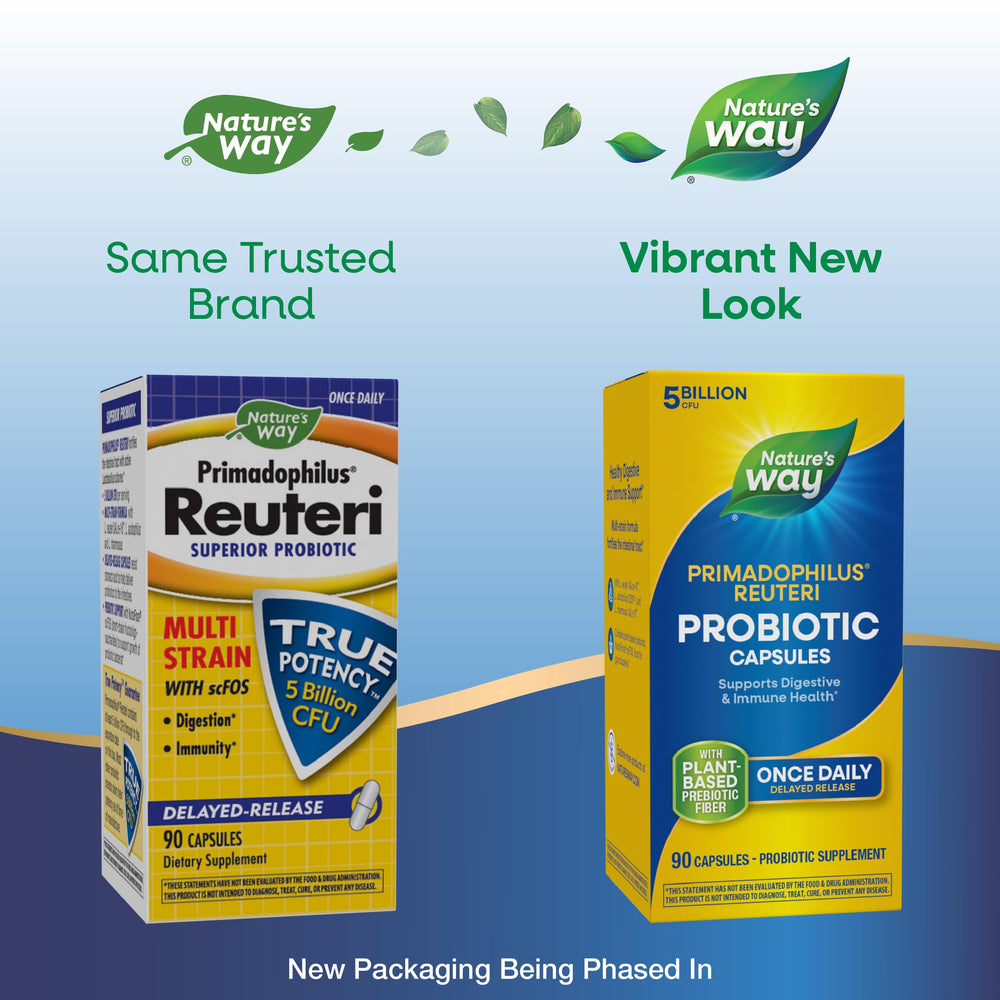 Close-up Nature's Way Primadophilus Reuteri capsule shows 5 billion cultures.