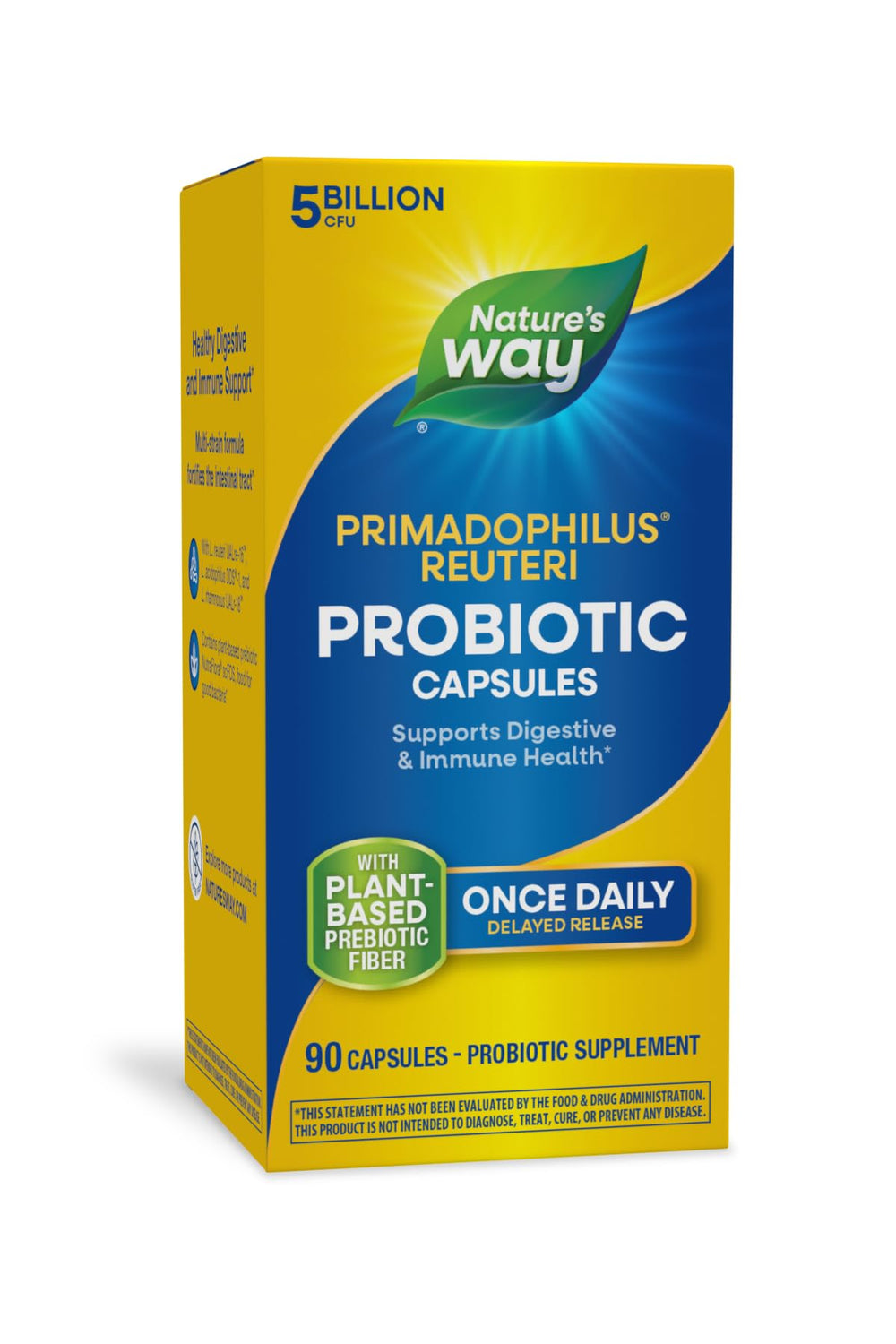 Nature's Way Primadophilus Reuteri capsule supports digestive balance and immune health.