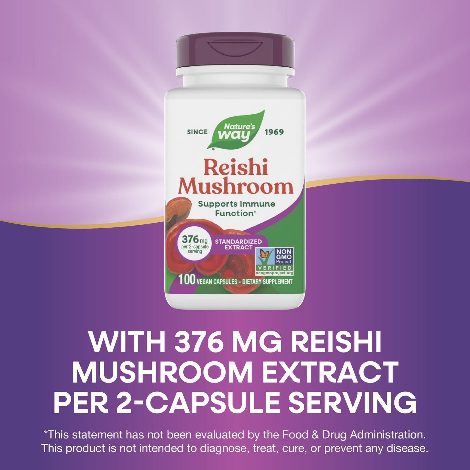 Nature’s Way Reishi capsules gluten-free vegan formulation highlighted