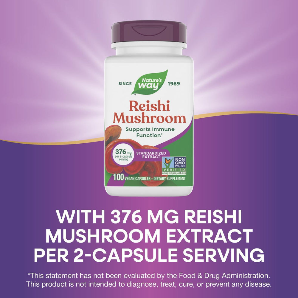 Nature’s Way Reishi capsules gluten-free vegan formulation highlighted