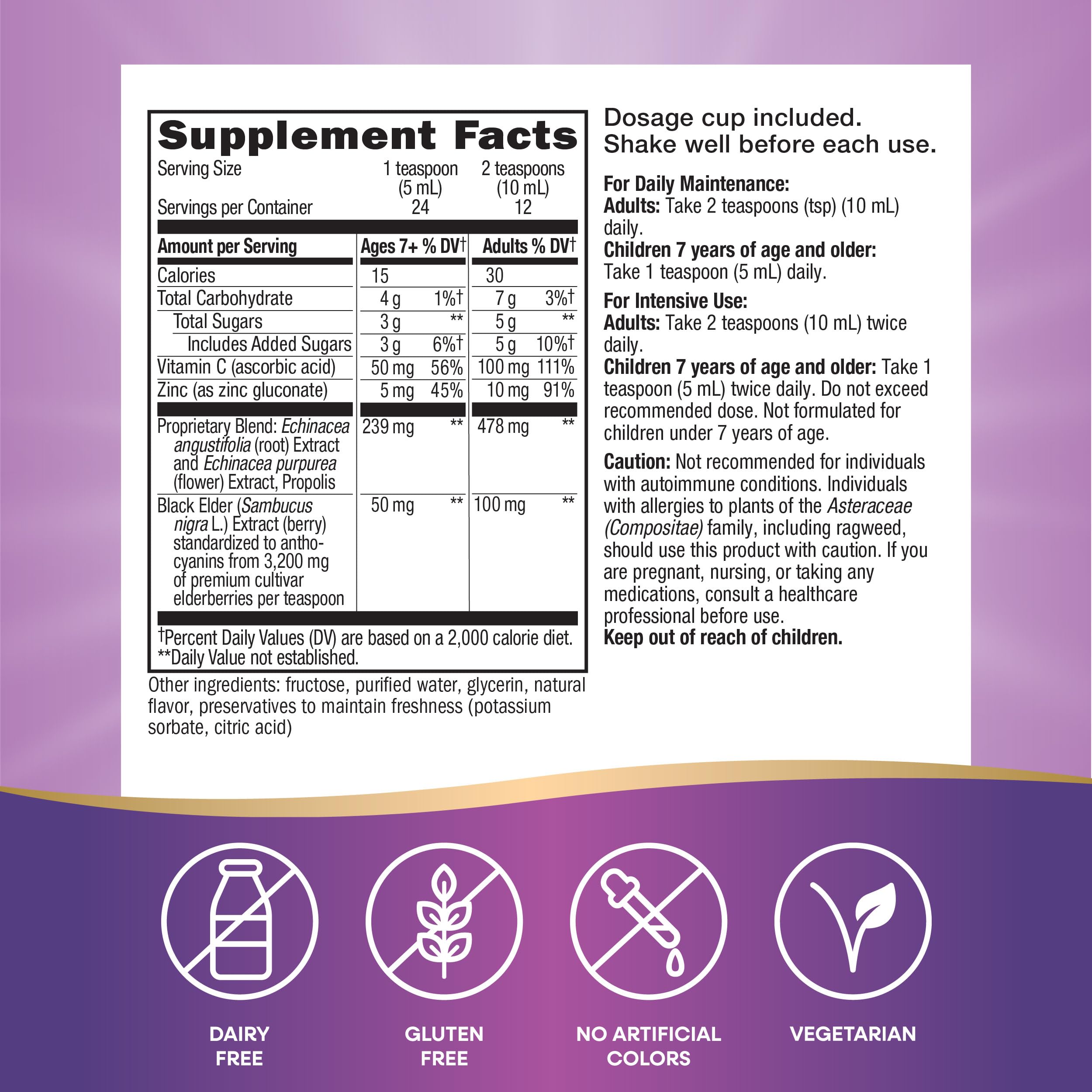 Nature's Way Sambucus daily dosage guidance for adults and children.