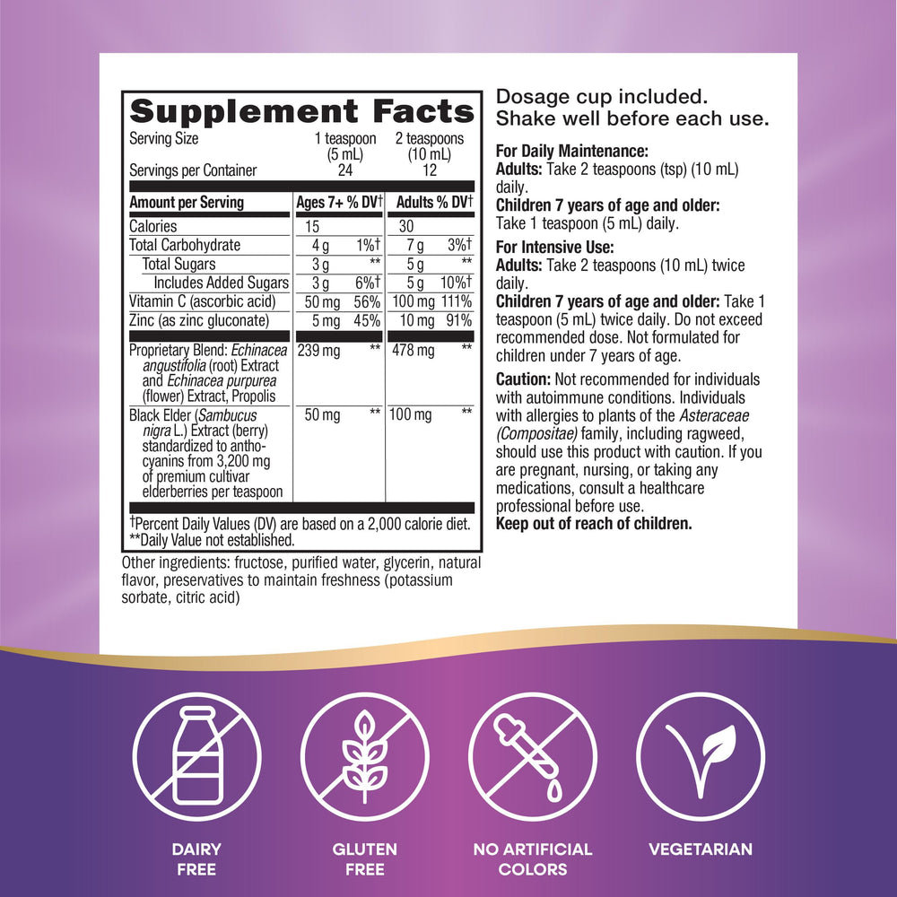 Nature's Way Sambucus daily dosage guidance for adults and children.