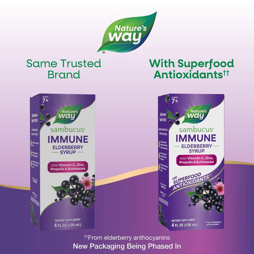 Nature's Way Sambucus elderberry extract concentrate with teaspoon serving.