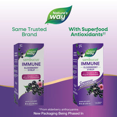 Nature's Way Sambucus elderberry extract concentrate with teaspoon serving.