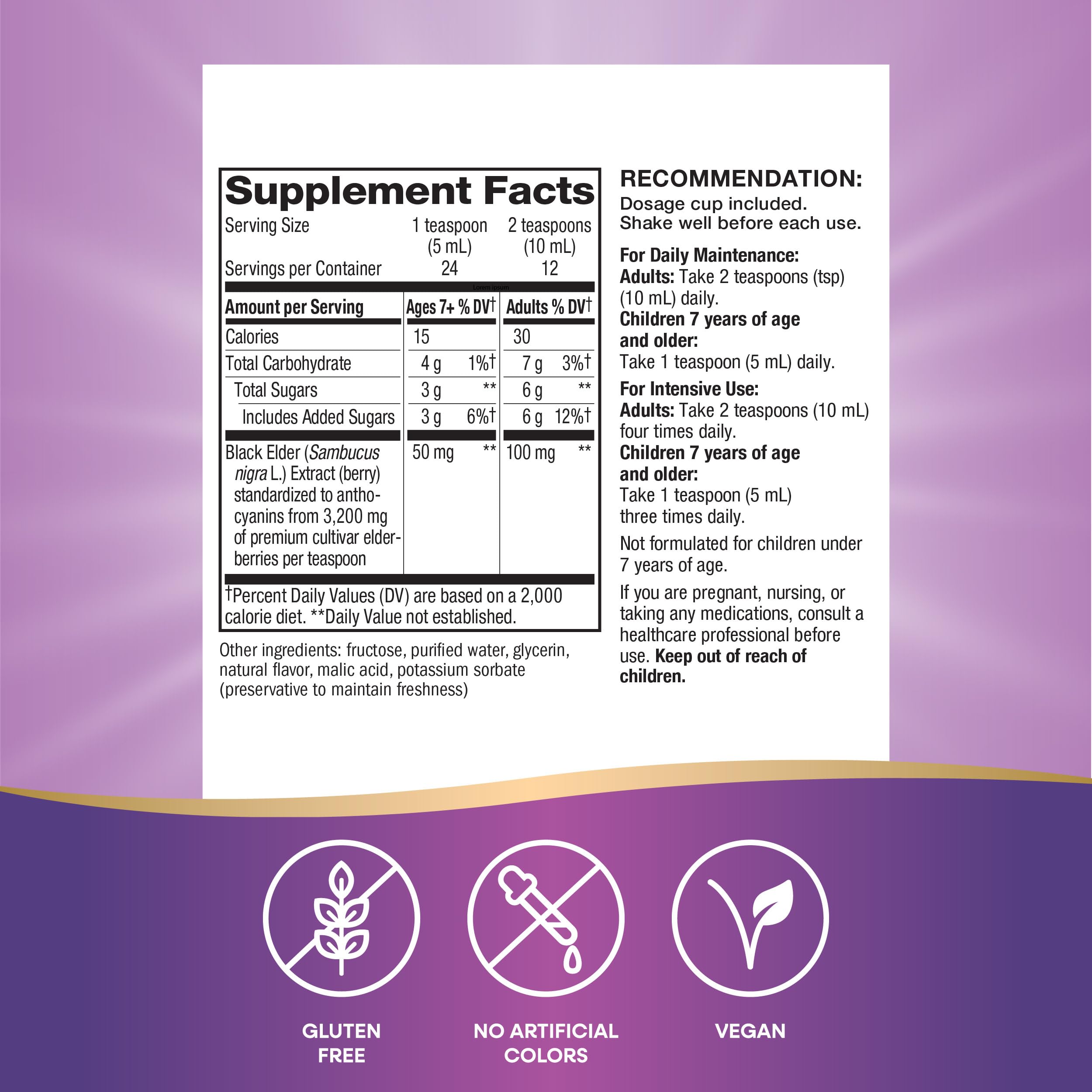 Nature's Way Sambucus gluten-free and vegan certification visible on packaging.