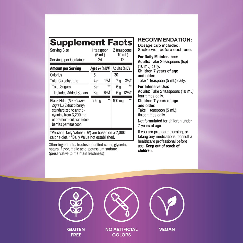 Nature's Way Sambucus gluten-free and vegan certification visible on packaging.