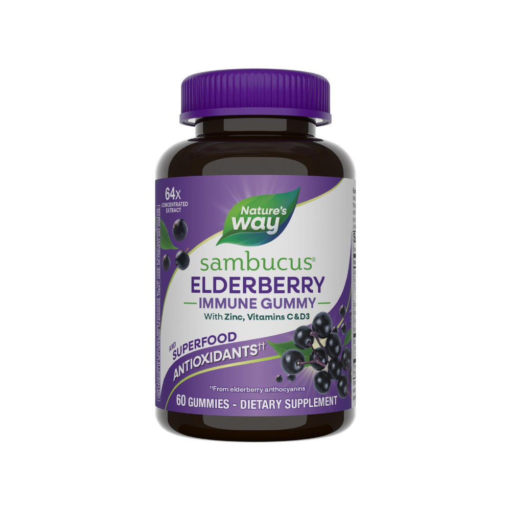 Nature's Way Sambucus immune gummies bottle front, berry flavor for daily immune support.