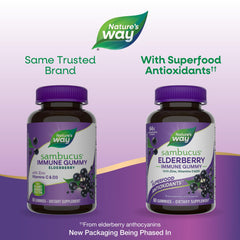 Nature's Way Sambucus immune gummies closeup, berry-flavored chews for daily wellness.