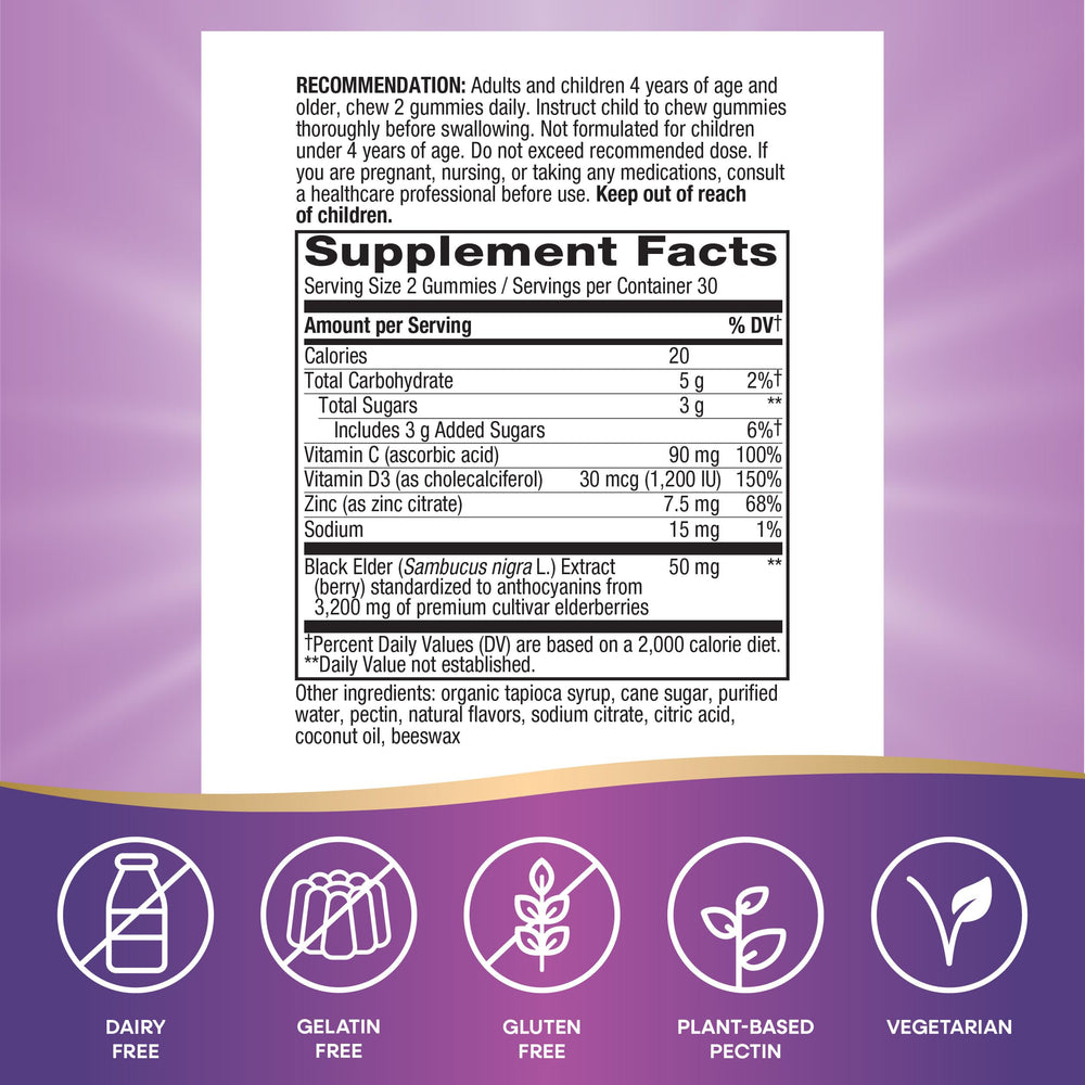 Nature's Way Sambucus gummies gluten-free and vegetarian, plant-based pectin.