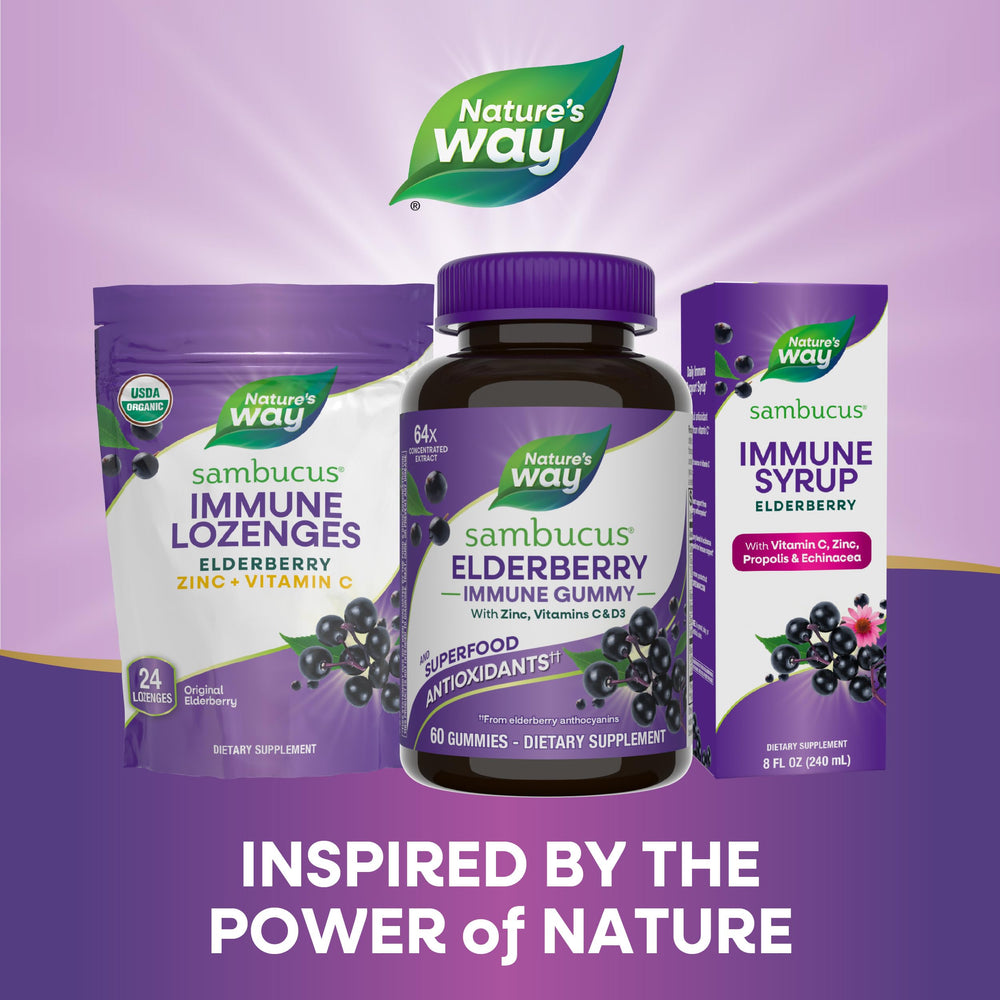 Nature's Way Sambucus immune gummies for ages 4+, two gummies daily usage.