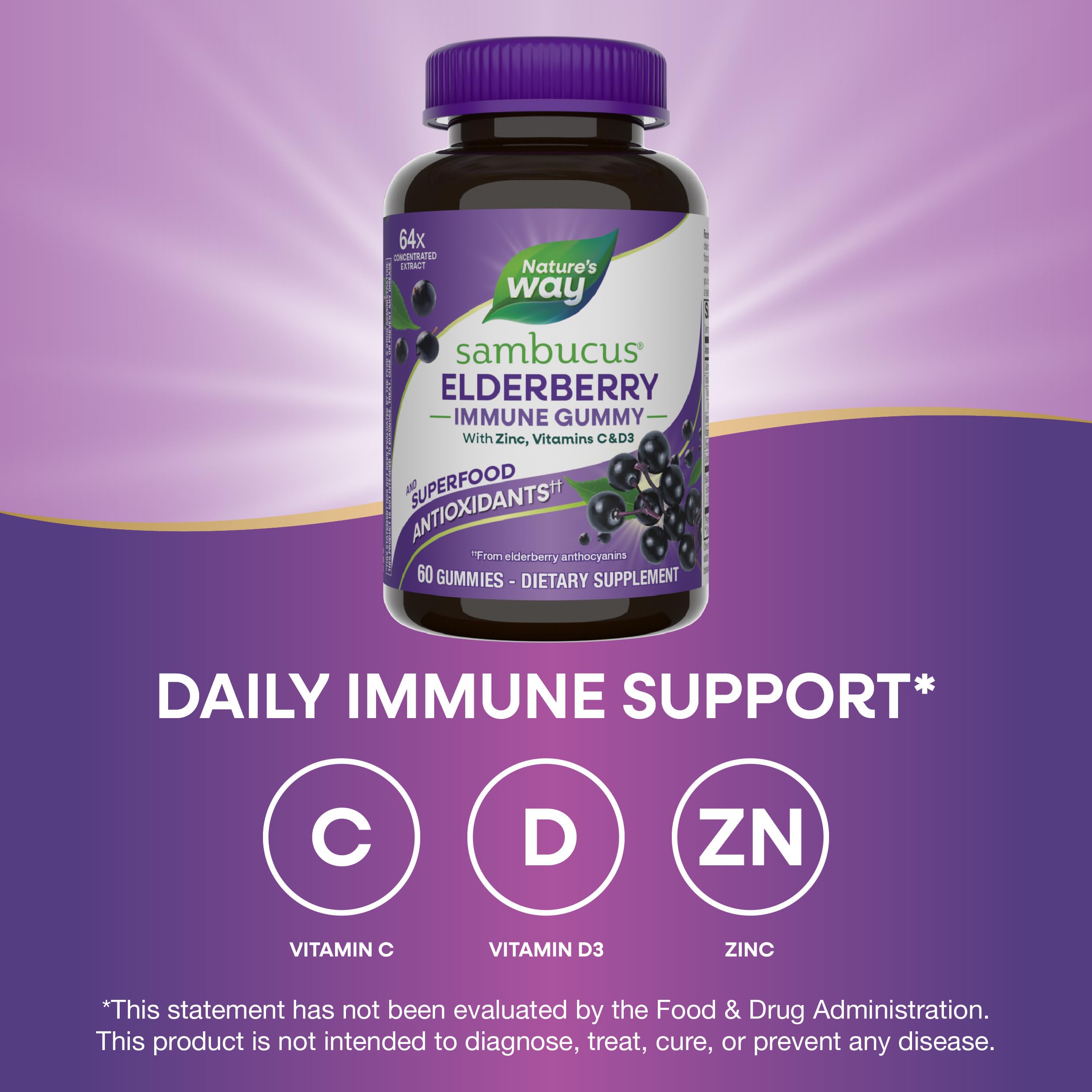 Nature's Way Sambucus immune gummies with vitamin C, D3, zinc for immune-friendly nutrition.