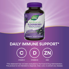Nature's Way Sambucus immune gummies with vitamin C, D3, zinc for immune-friendly nutrition.
