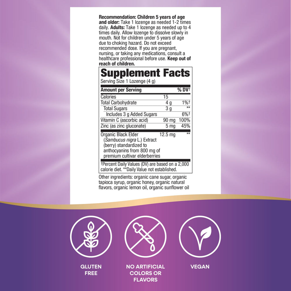 Closeup of Nature's Way Sambucus lozenges with honey lemon flavor.