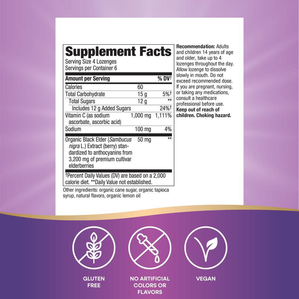 Close-up of elderberry extract in Sambucus lozenges highlighting antioxidant-rich ingredient.