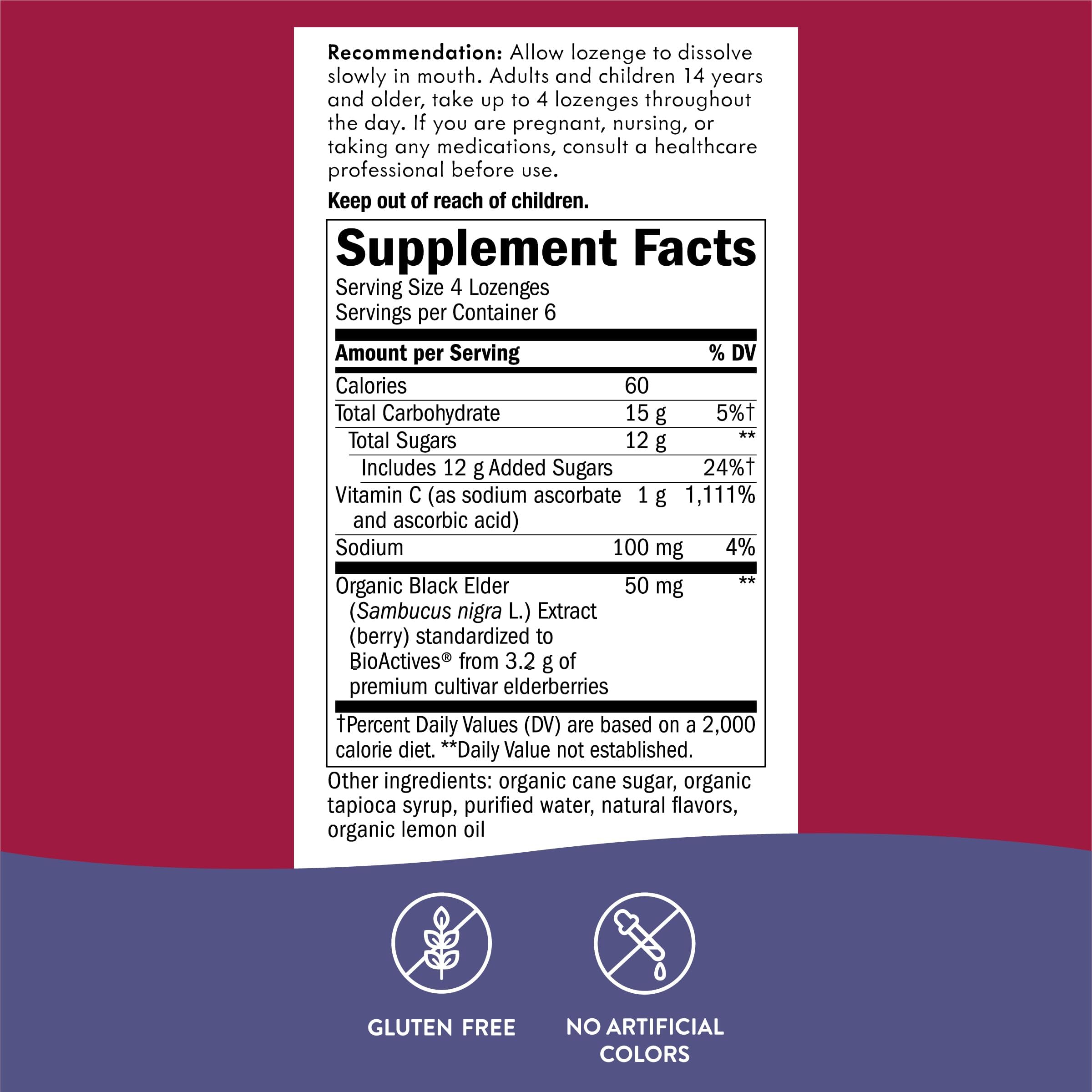 Organic cane sugar and organic tapioca syrup ingredients on Sambucus label.