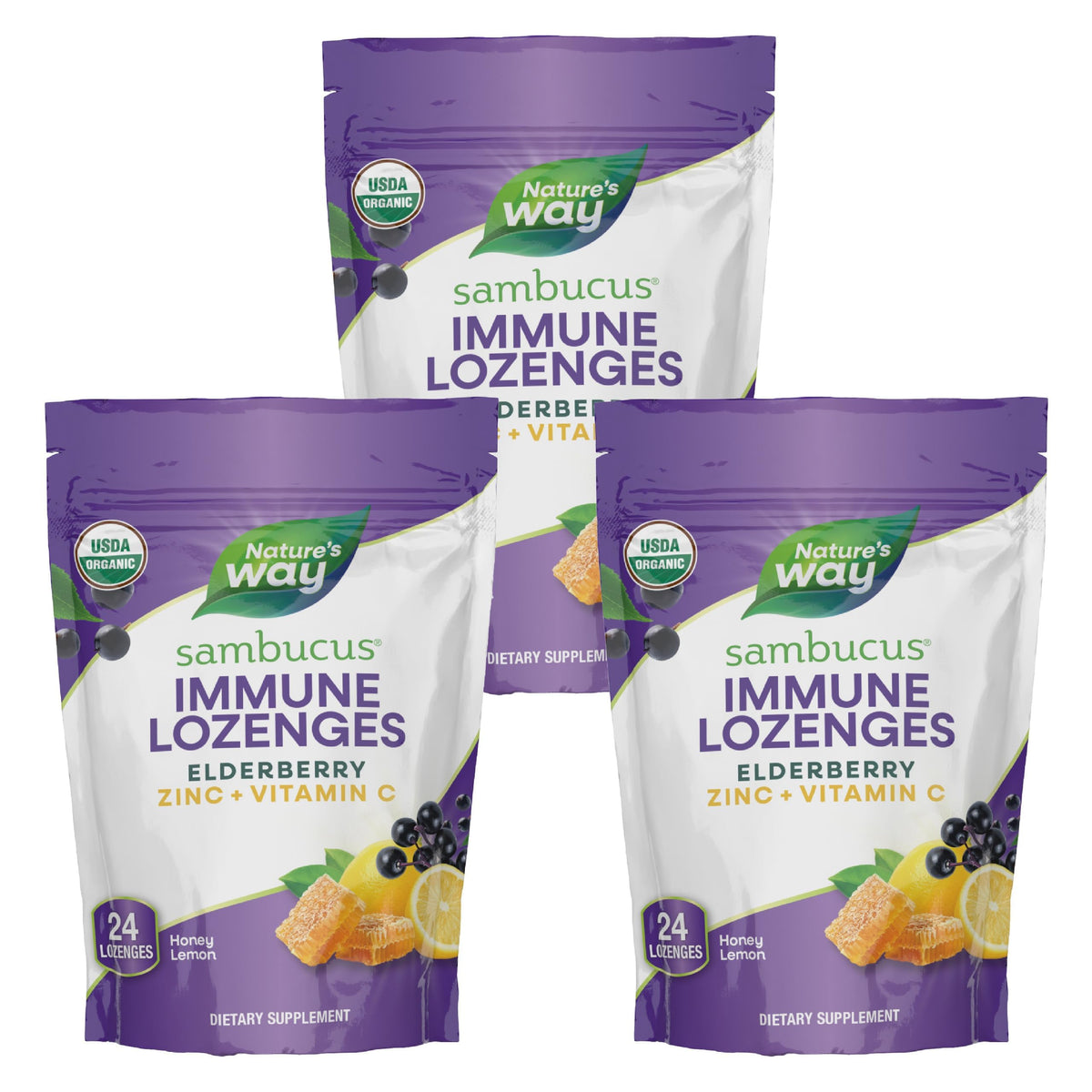 Nature's Way Sambucus immune lozenges packaging with organic elderberry extract.