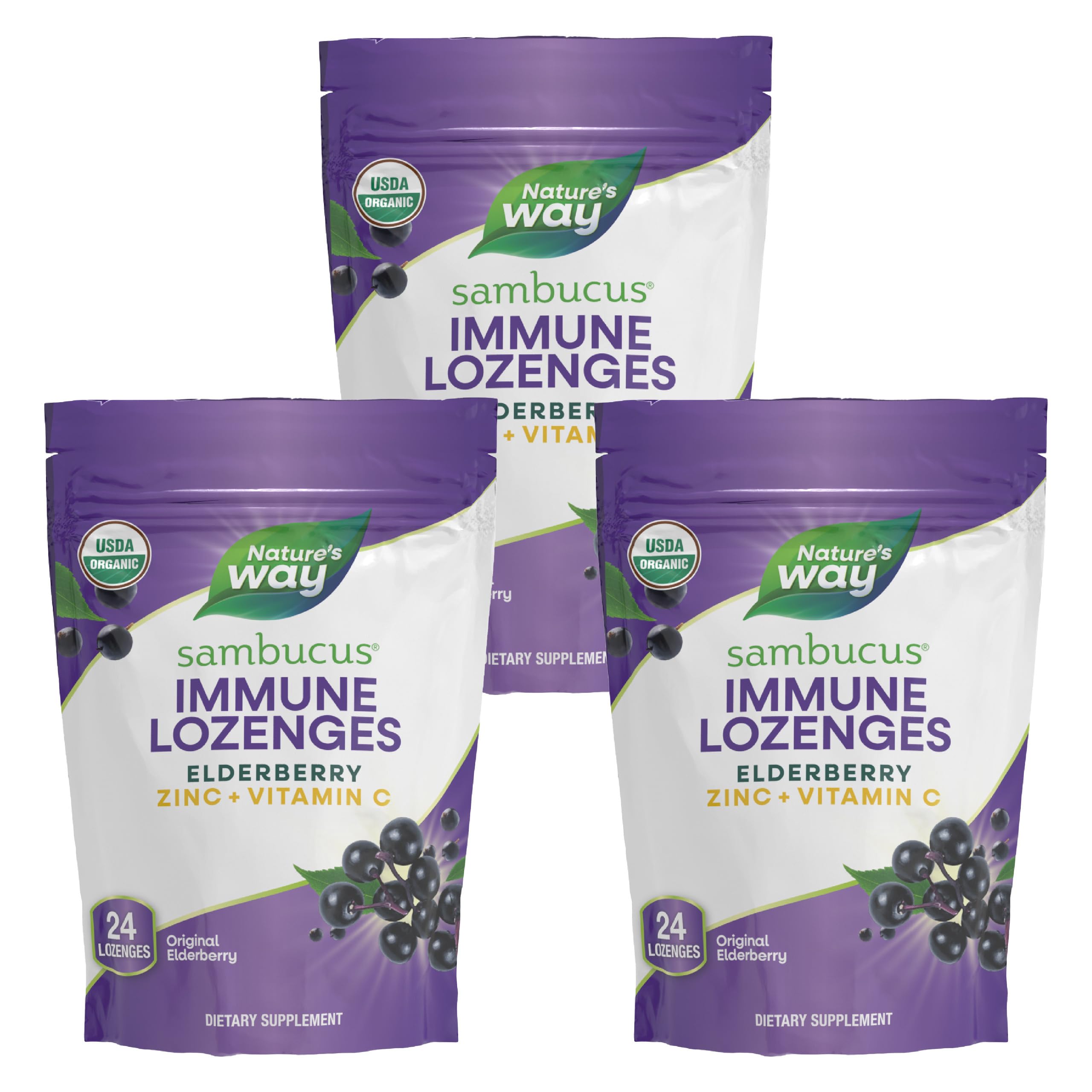 Nature's Way Sambucus immune lozenges packaging highlighting vegan, gluten-free wellness.