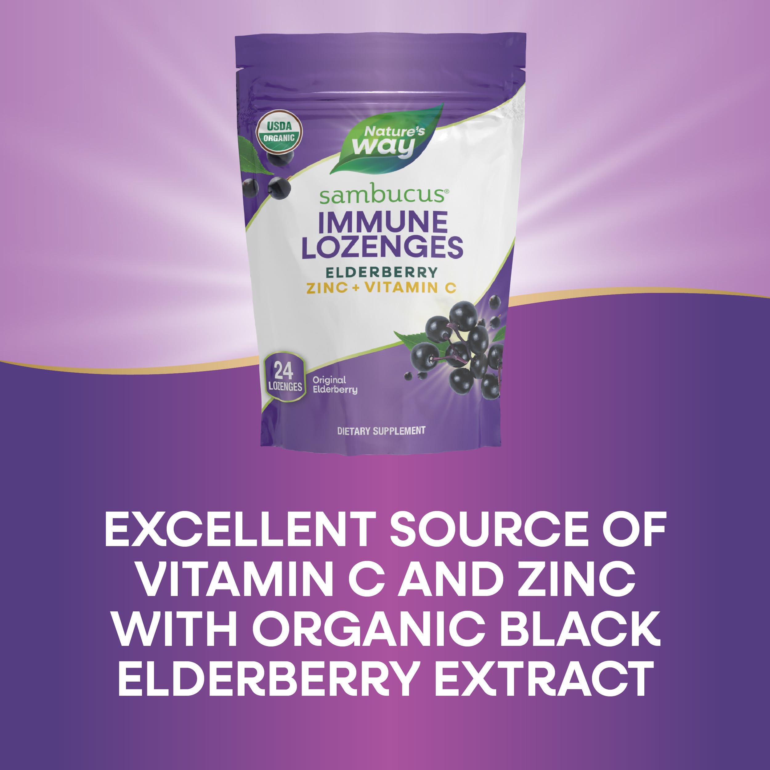 Nature's Way Sambucus lozenges vegan gluten-free badge reflects allergy-friendly formulation.