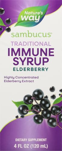 Nature's Way Sambucus dosing for kids 7+ with a measured teaspoon.