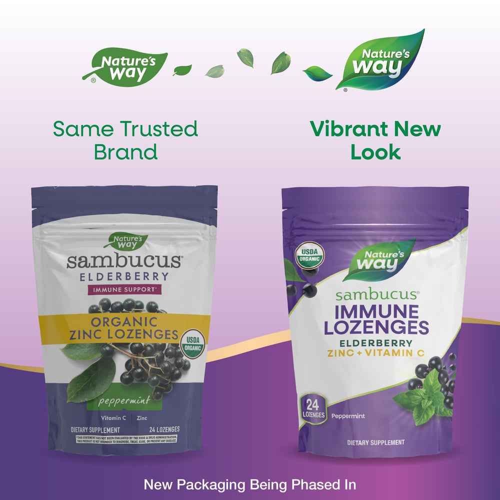 Nature's Way Sambucus Zinc Lozenges elderberry detail highlighting flavonoid-rich extract.