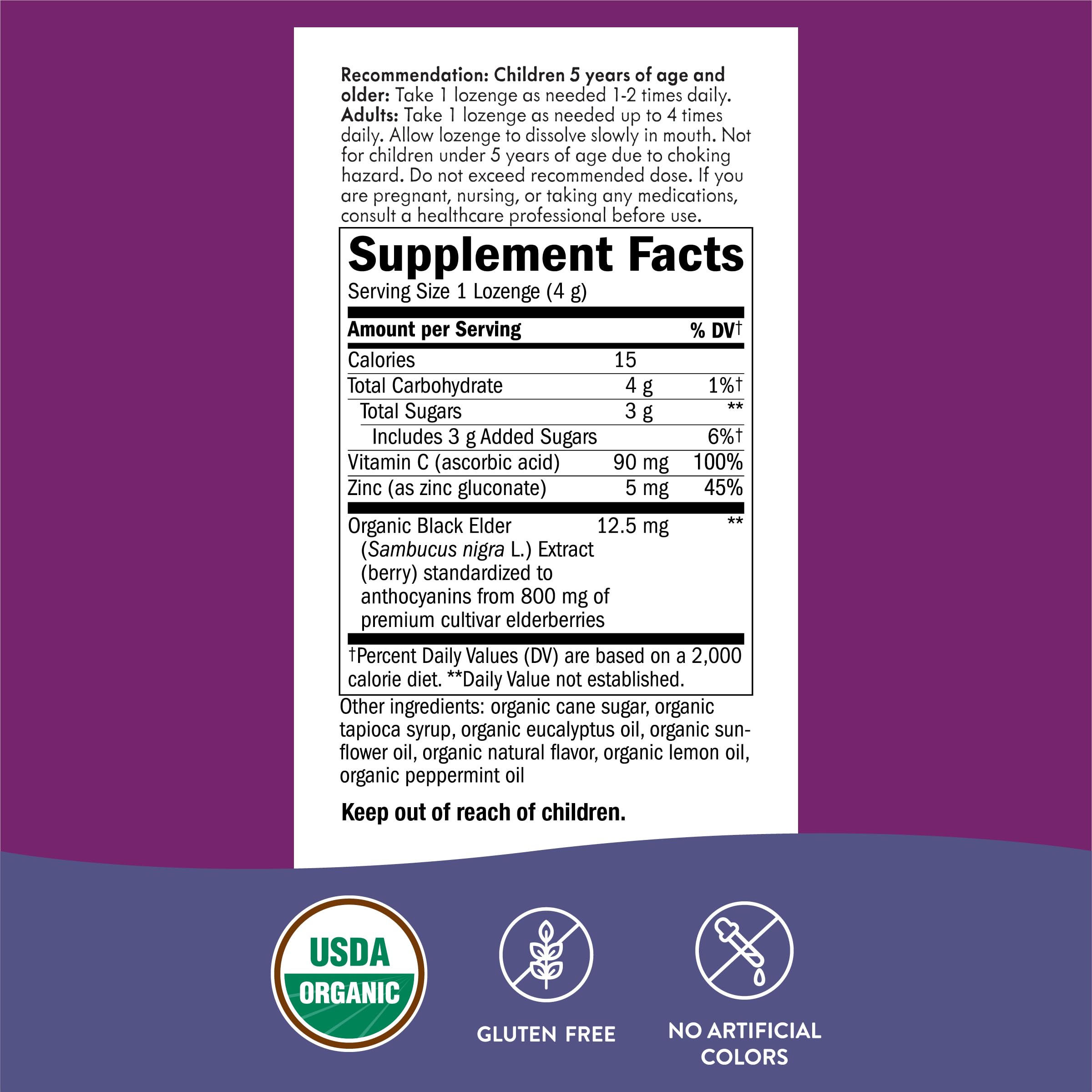 Nature's Way Sambucus Zinc Lozenges organic certification seal on packaging.