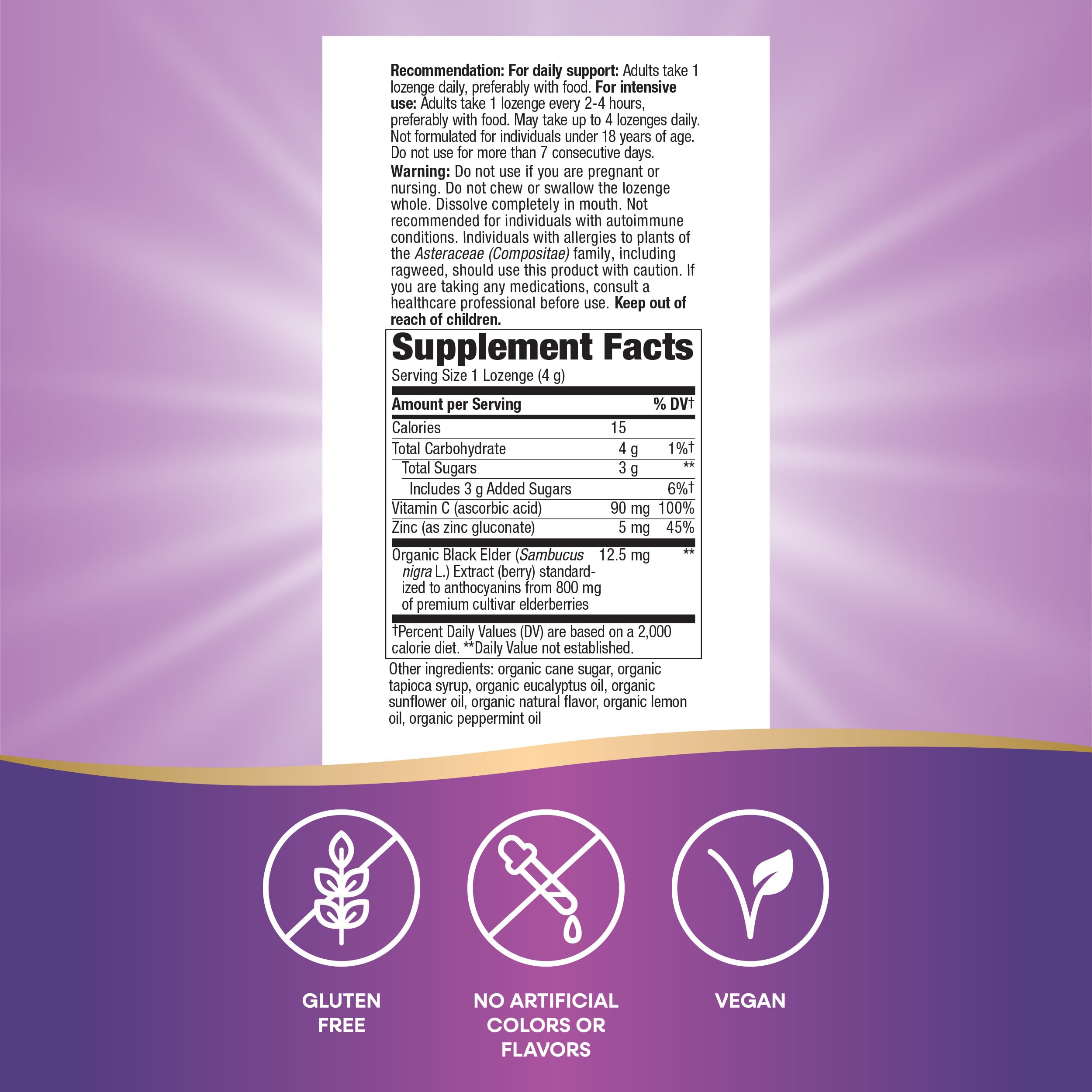 Nature's Way Sambucus Zinc Lozenges packaging front showing organic elderberry.