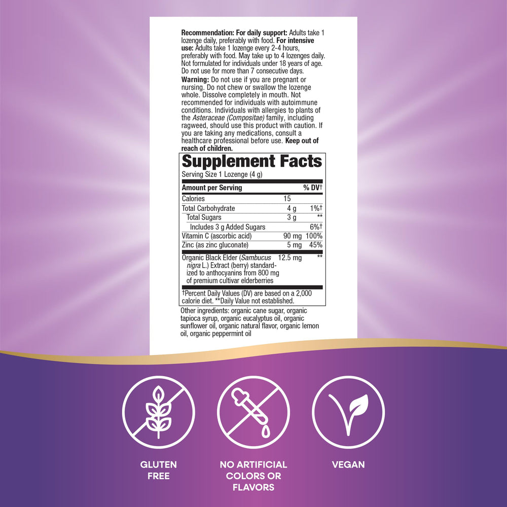 Nature's Way Sambucus Zinc Lozenges packaging front showing organic elderberry.