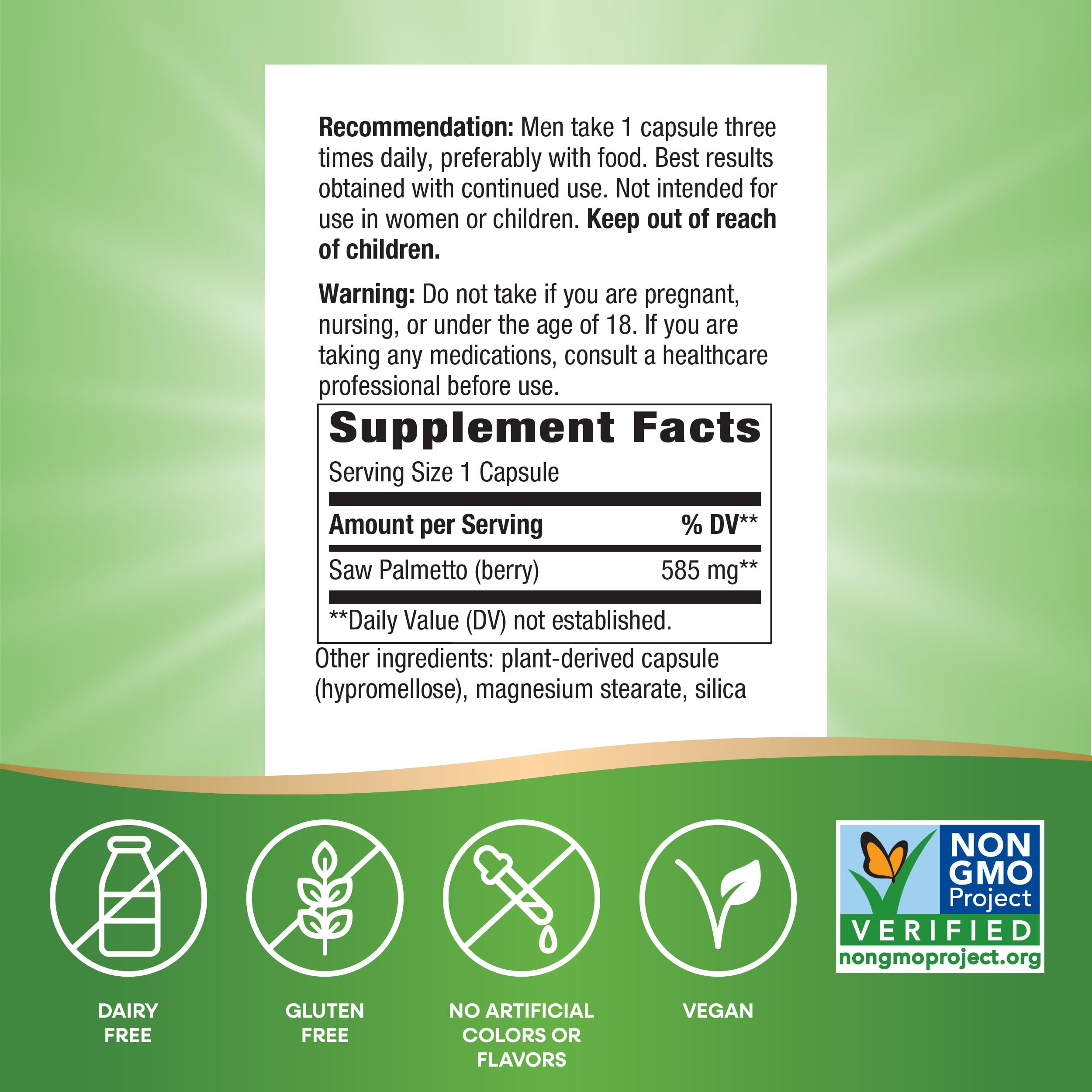 Nature's Way Saw Palmetto ingredients panel detailing 585 mg per serving.