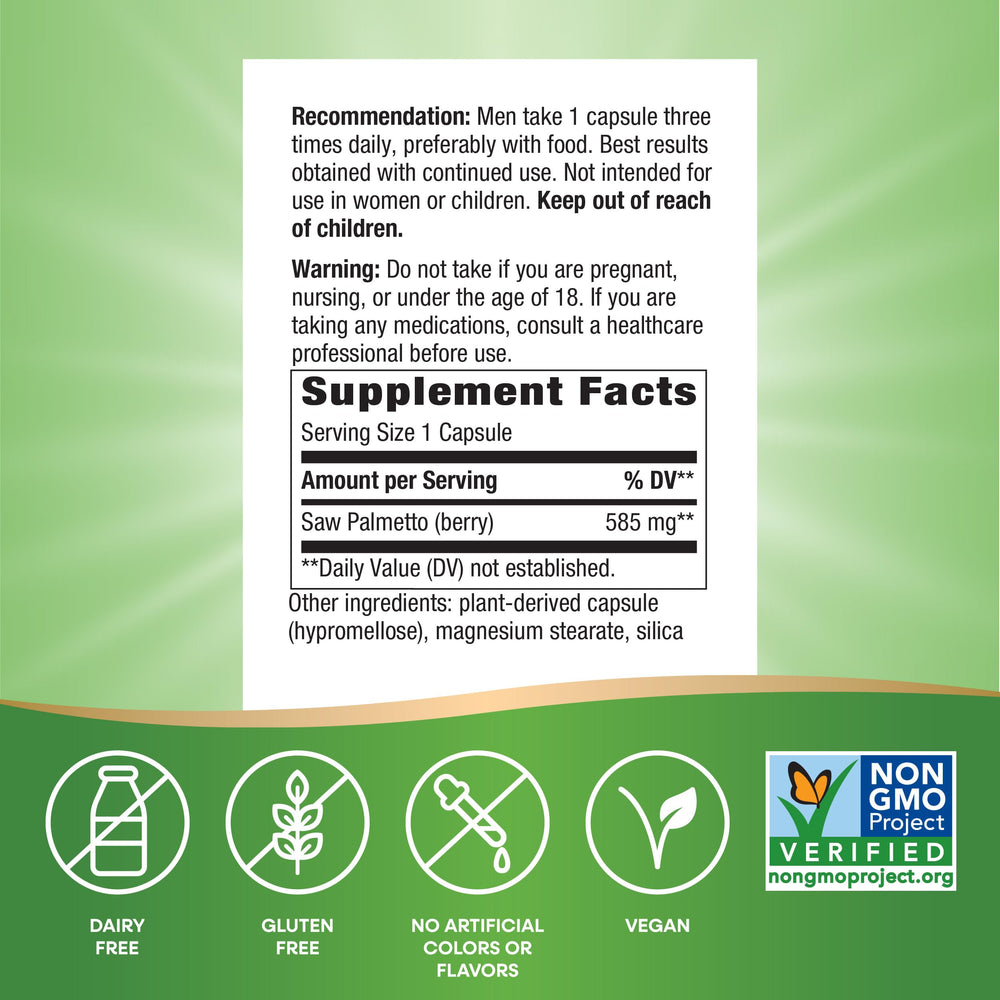 Nature's Way Saw Palmetto ingredients panel detailing 585 mg per serving.