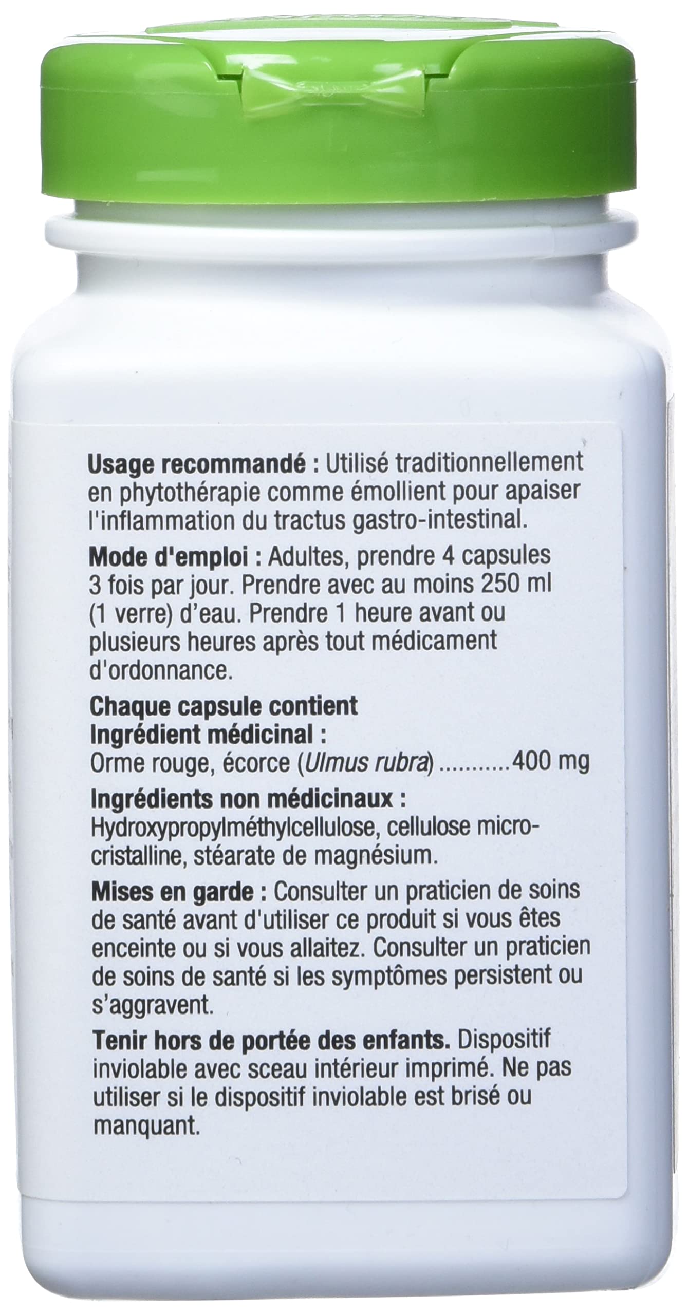 Nature's Way slippery elm bark capsules back panel showing TRU-ID certification.