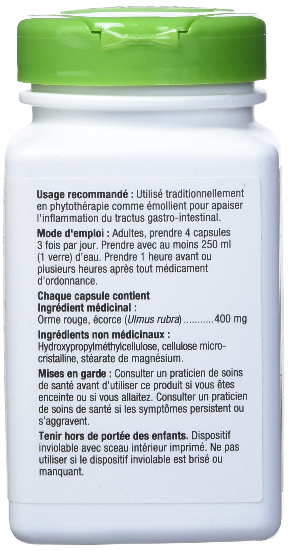 Nature's Way slippery elm bark capsules back panel showing TRU-ID certification.