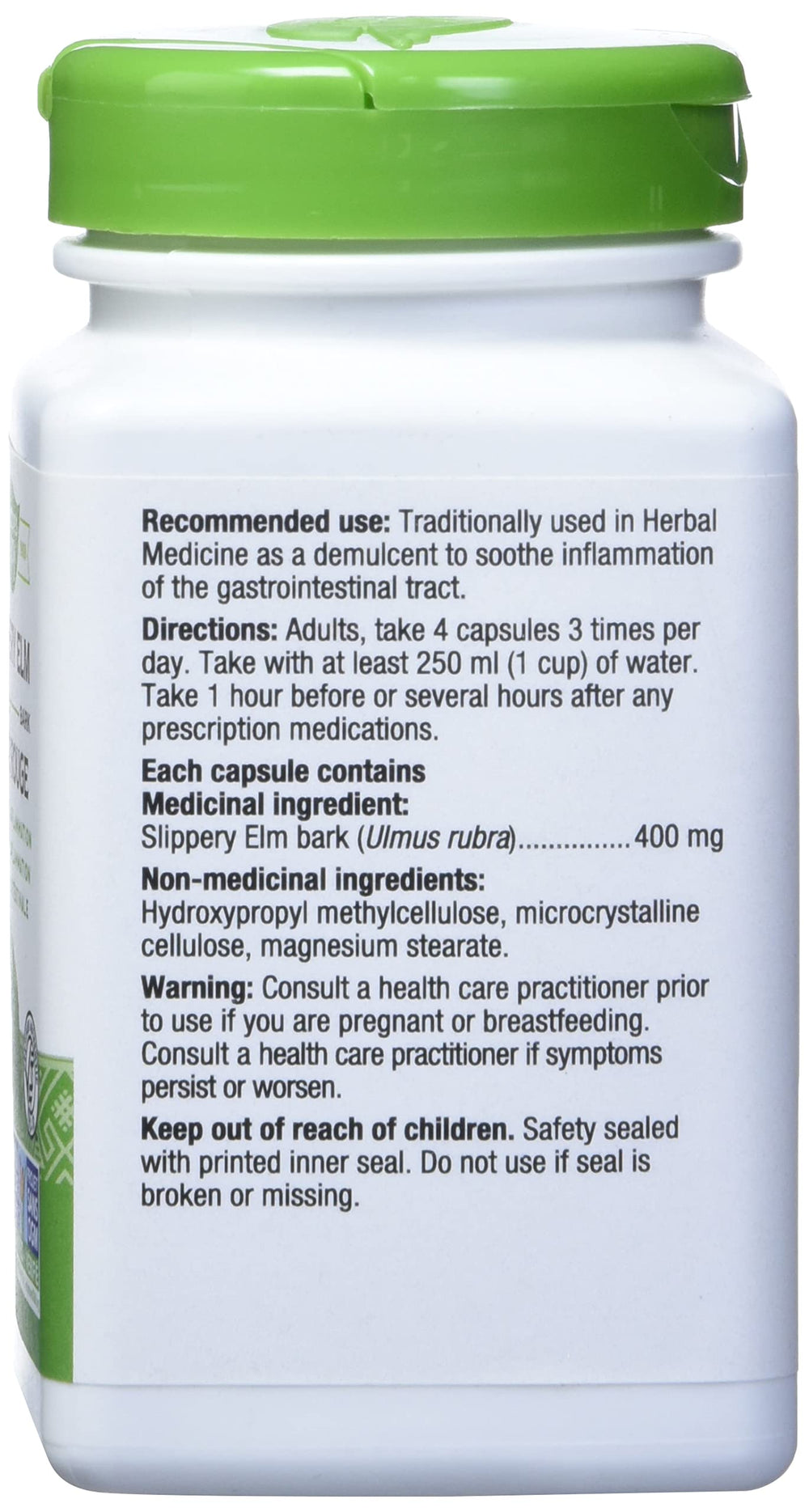 Nature's Way slippery elm bark capsules pour view demonstrates easy dosing.
