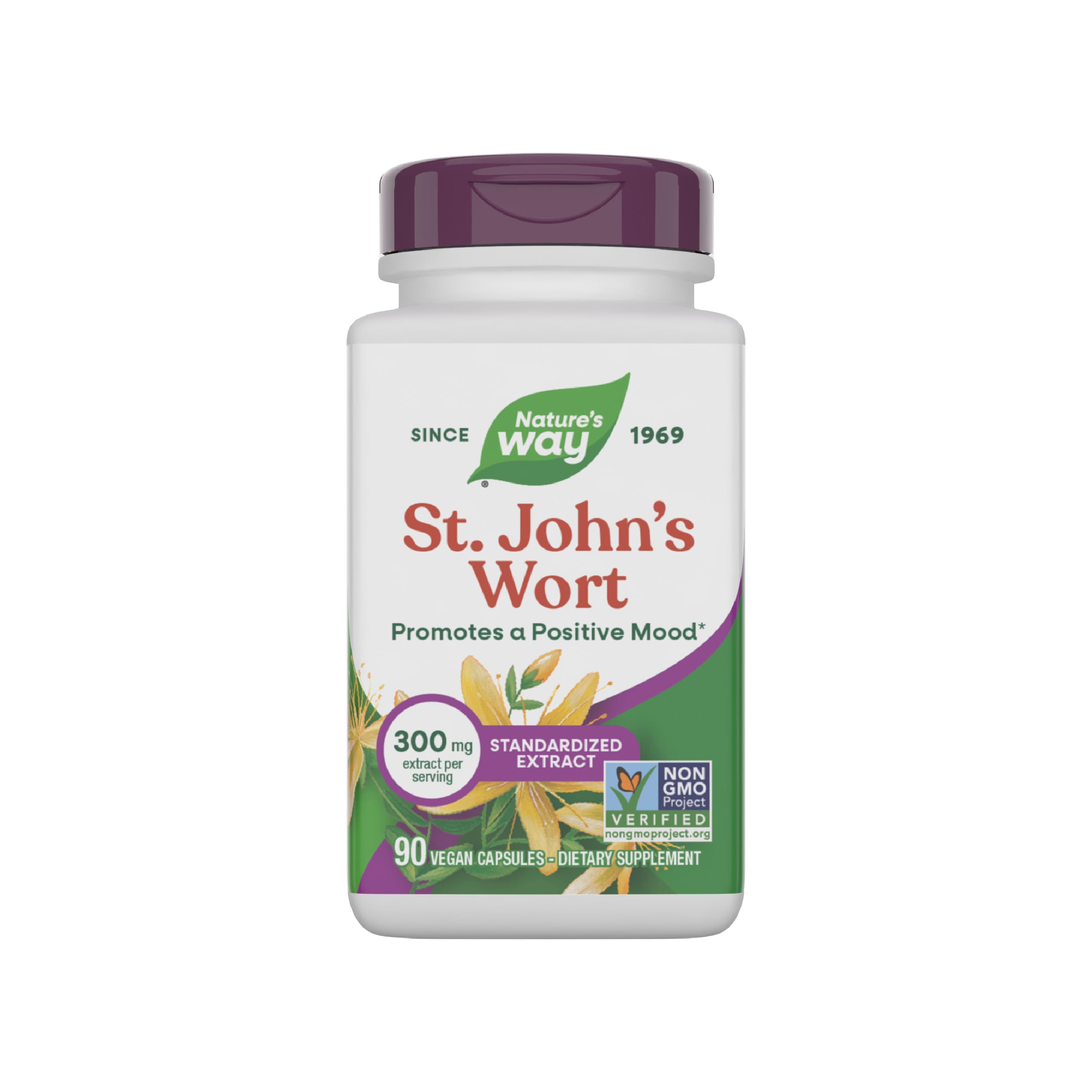 Nature's Way St. John's Wort Premium Extract bottle close-up may support a positive outlook