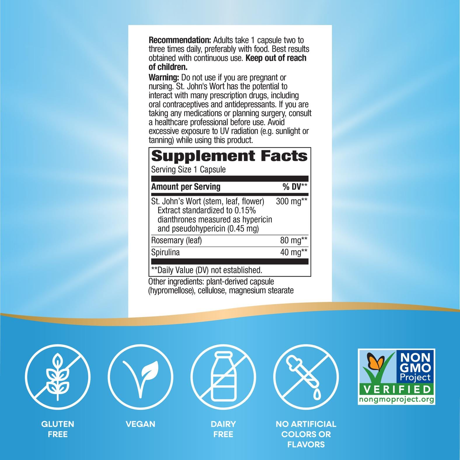 Nature's Way St. John's Wort Premium Extract capsules show 300 mg per serving for daily use
