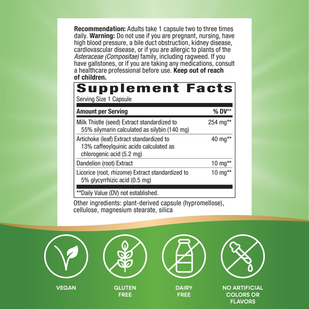 Nature's Way Super Milk Thistle bottle label emphasizes gluten-free vegan formula