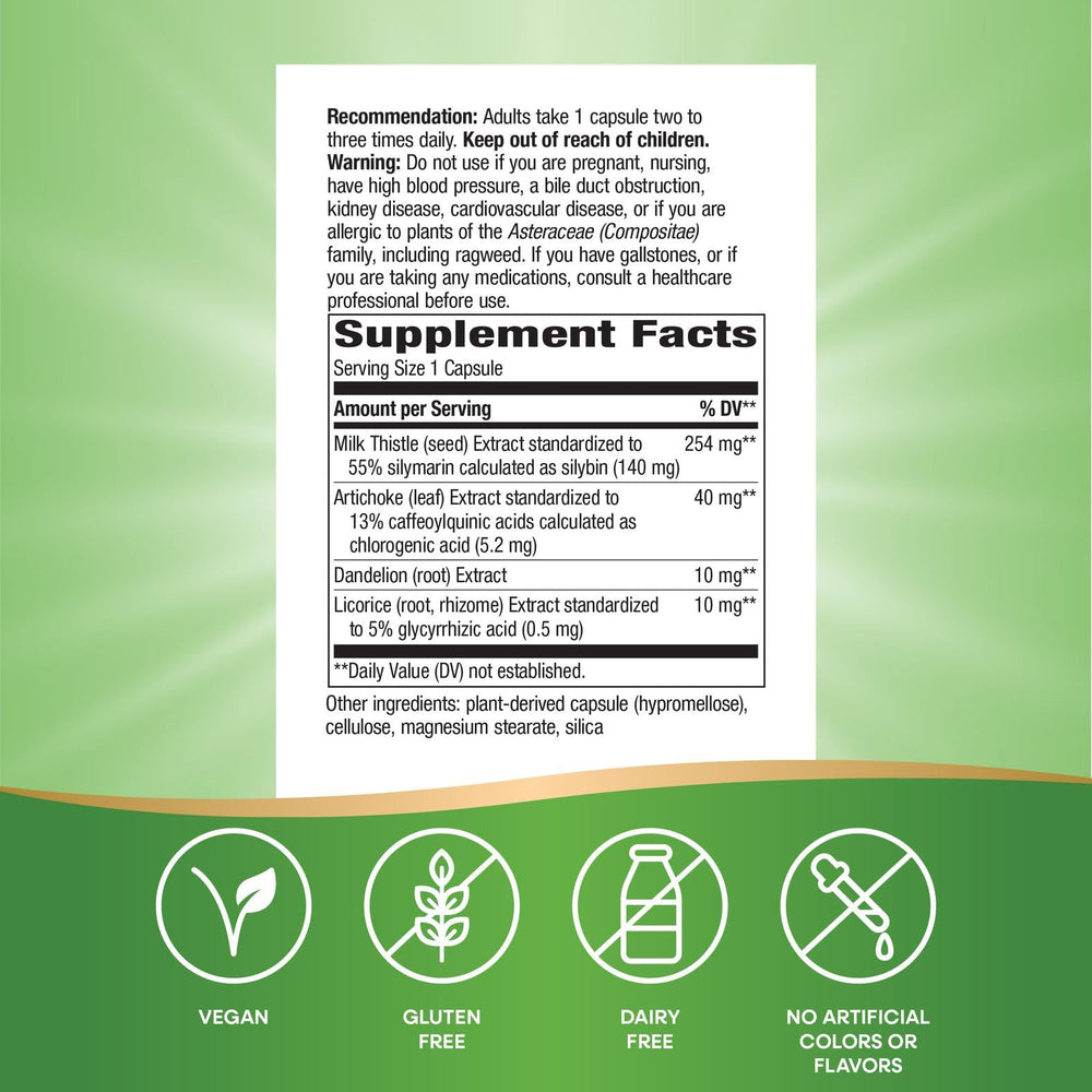 Nature's Way Super Milk Thistle bottle side view highlighting gluten-free capsules
