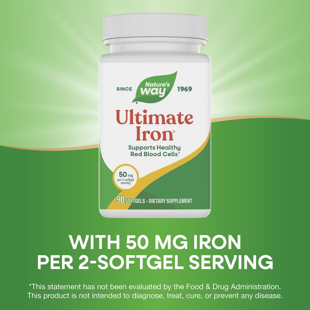 Nature's Way Ultimate Iron bottle side label noting dairy-free and no artificial colors.